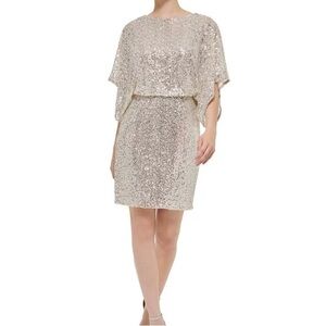 JESSICA HOWARD Stunning Sequin Mesh Dolman Sleeve Blouson Sheath Dress Size 6